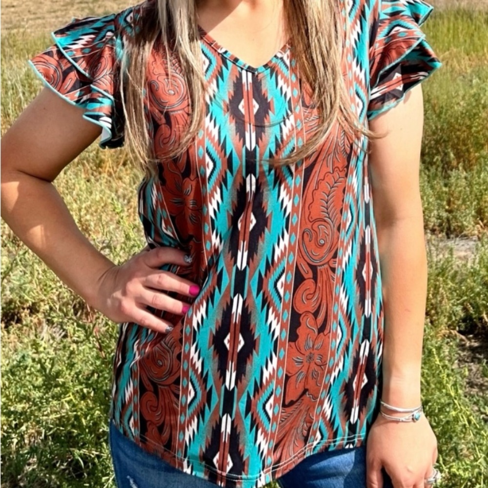Tribal Print Ruffle Sleeve Top